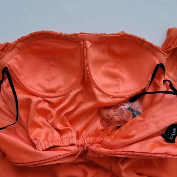 New Bebe Off Shoulder Silk Chiffon Dress Coral Orange Summer Party Taylor Swift - Picture 3 of 10